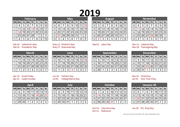 2019 Accounting Calendar 5 4 4 Free Printable Templates