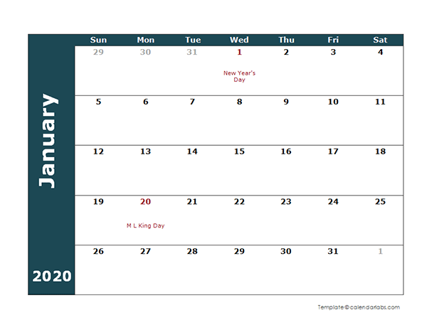 2020 Monthly Calendar Template Free Printable Templates