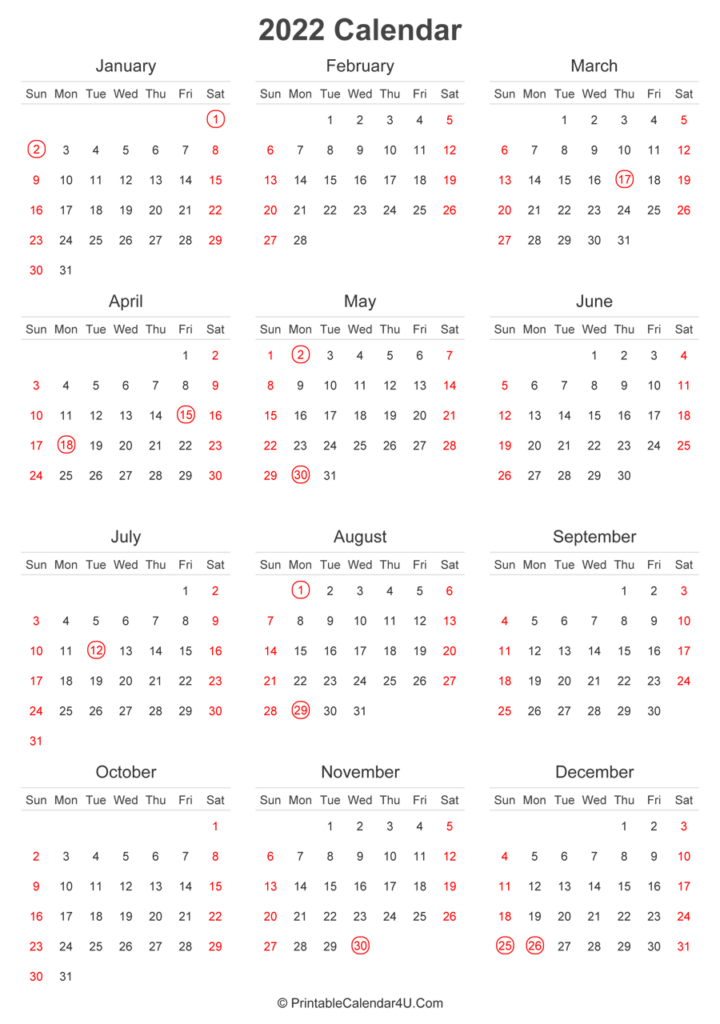 2022 Calendar With UK Bank Holidays Highlighted Portrait Layout 