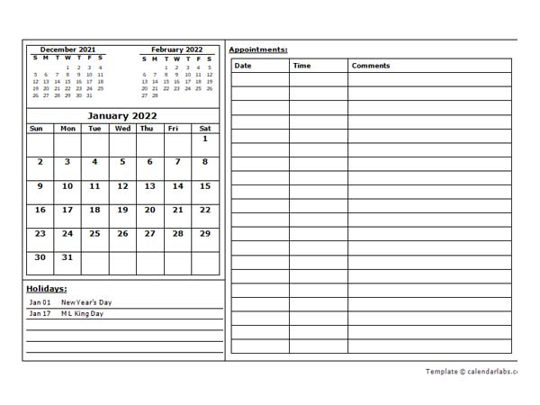 2022 Monthly Appointment Calendar Template Free Printable Templates