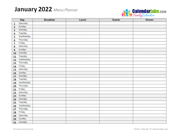 2022 Monthly Menu Planner Free Printable Templates