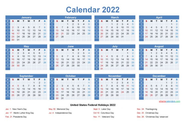 2022 One Page Calendar Printable Yearly Calendar Template Calendar 