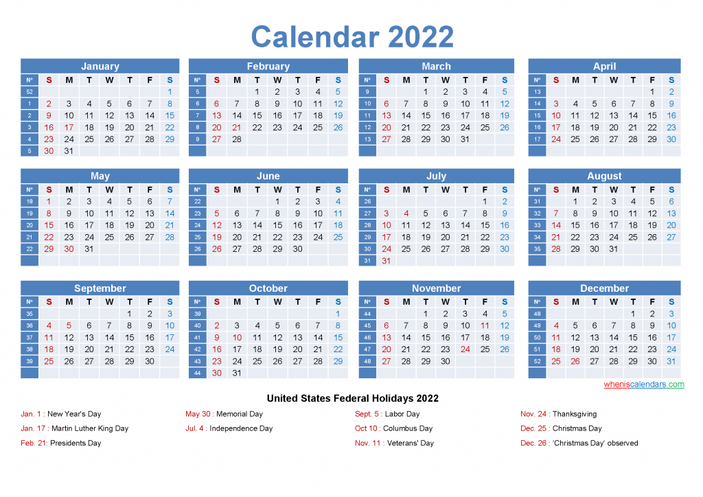 2022 One Page Calendar Printable Yearly Calendar Template Calendar 