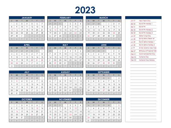 2023 UAE Annual Calendar With Holidays Free Printable Templates