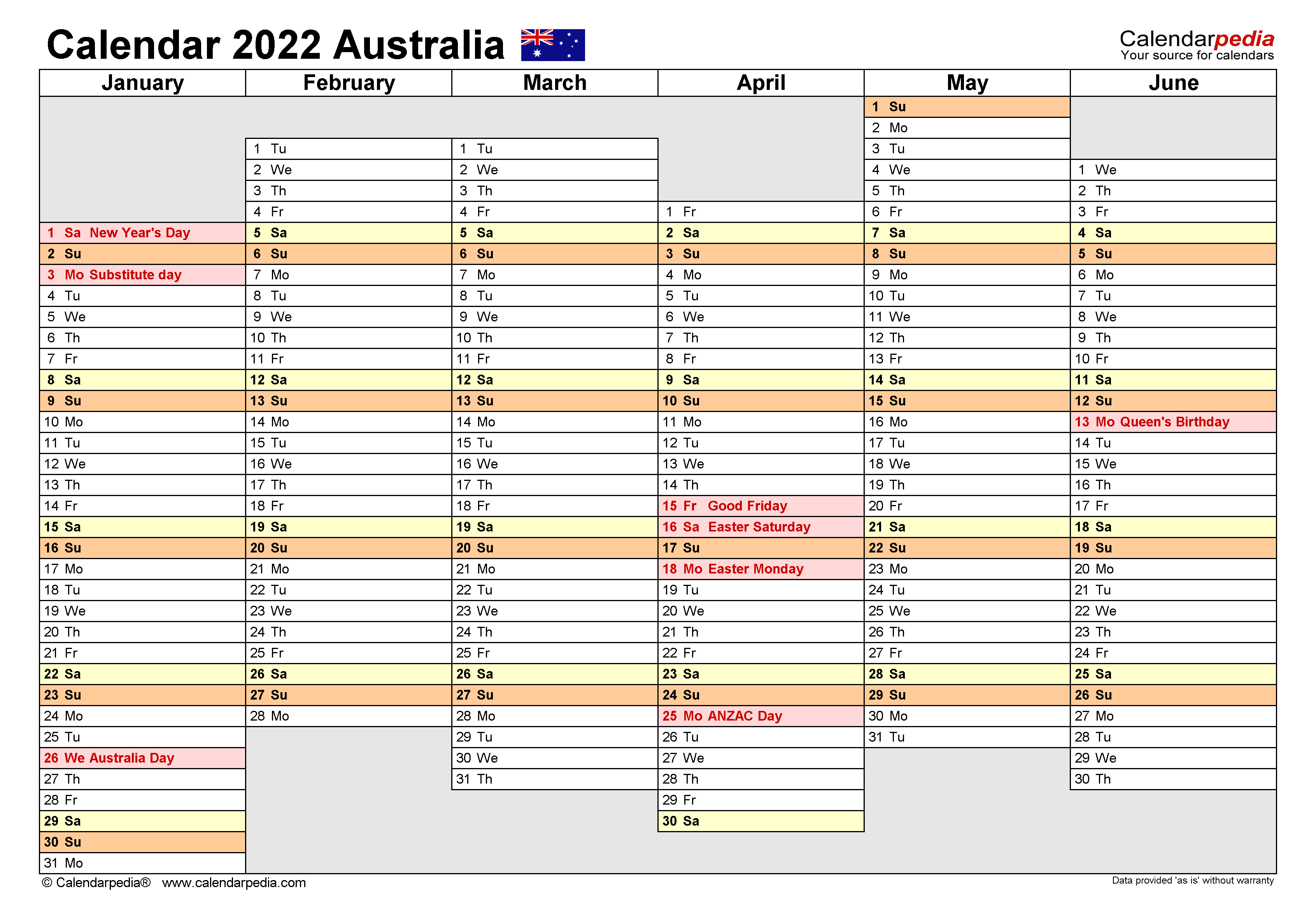 Australia Calendar 2022 Free Printable PDF Templates