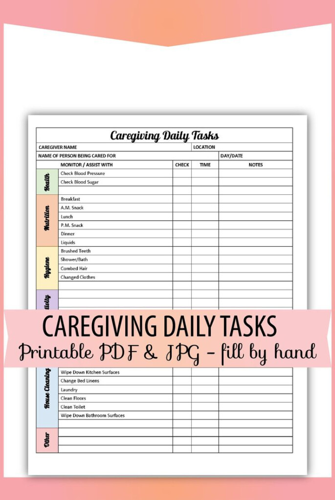 Care Giving Caregiver Daily Tasks Form Printable PDF JPG Etsy 