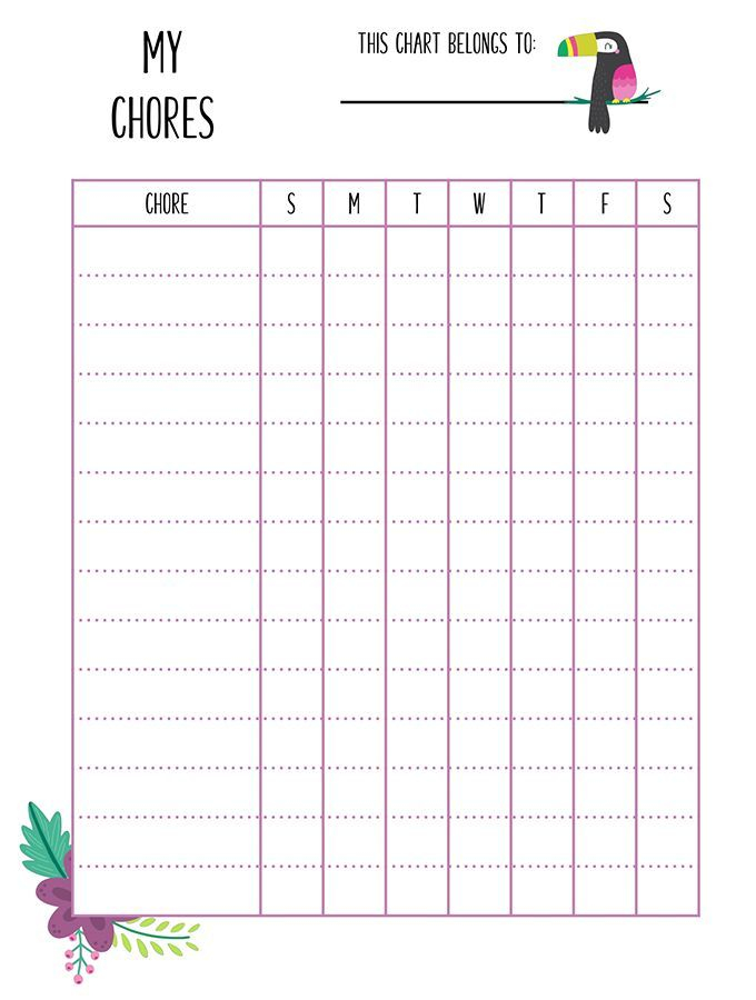 Chore Chart PDF Printable For Kids Cute Tropical Design Kids Chore 