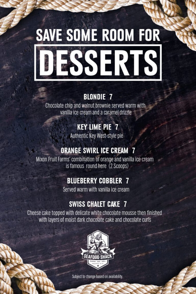 Dessert Menu Seafood Shack