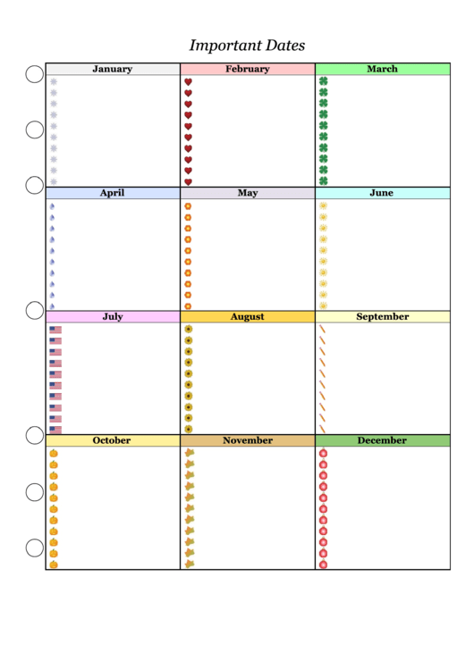 Fillable Important Dates Planner Template Colorful Printable Pdf