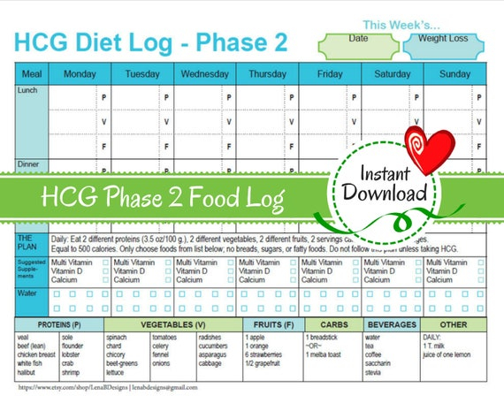 HCG Weekly Phase 2 Food Tracker Weight Loss Journal Diet