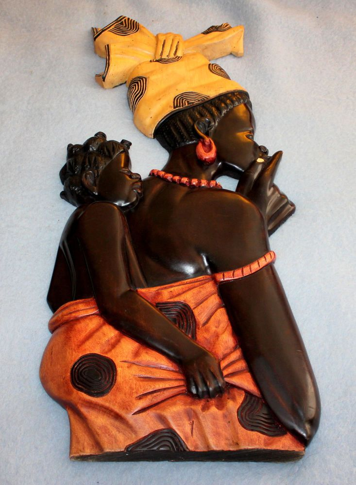 Large African Wall Sculpture Mahogany Wood Carving Woman Child Tribal