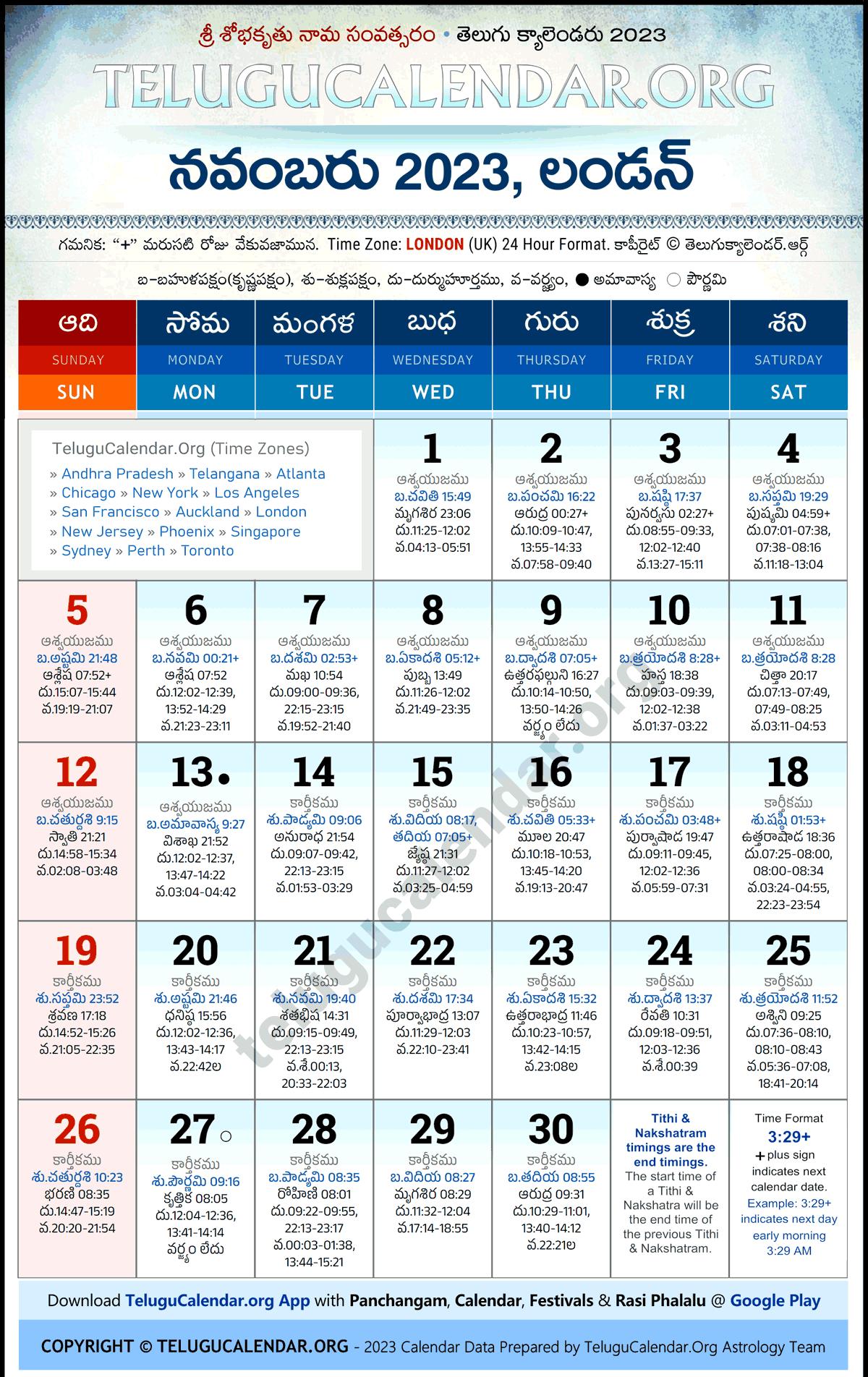 London Telugu Calendar 2023 November PDF Festivals