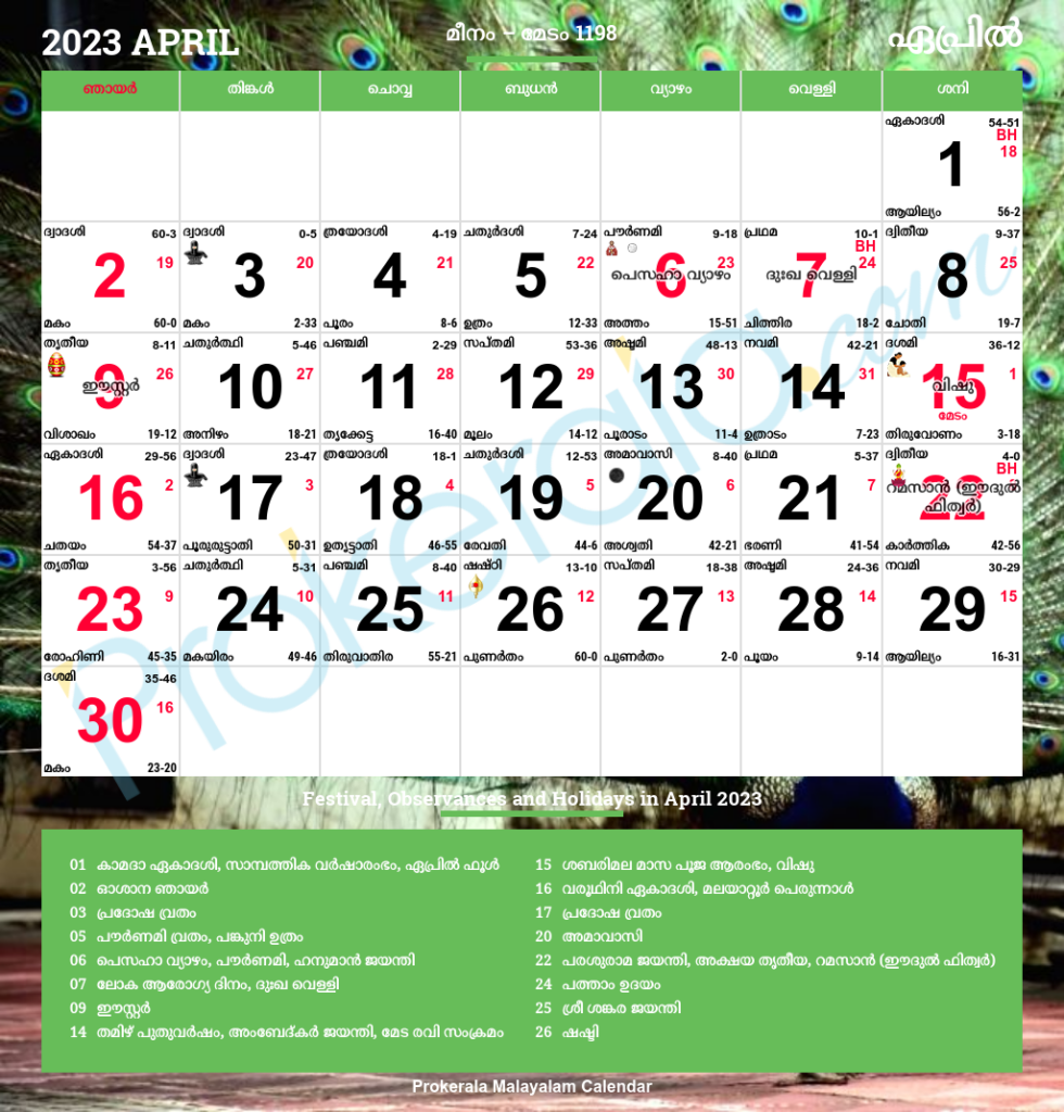 Malayalam Calendar 2023 April