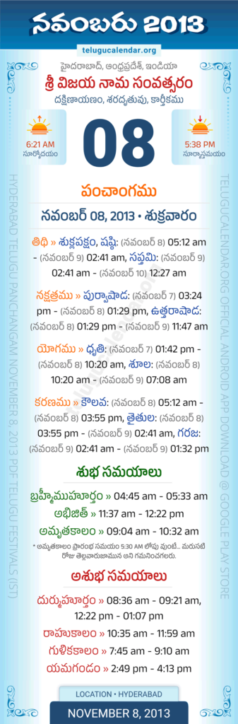 November 8 2013 Telugu Calendar Panchangam Andhra Pradesh