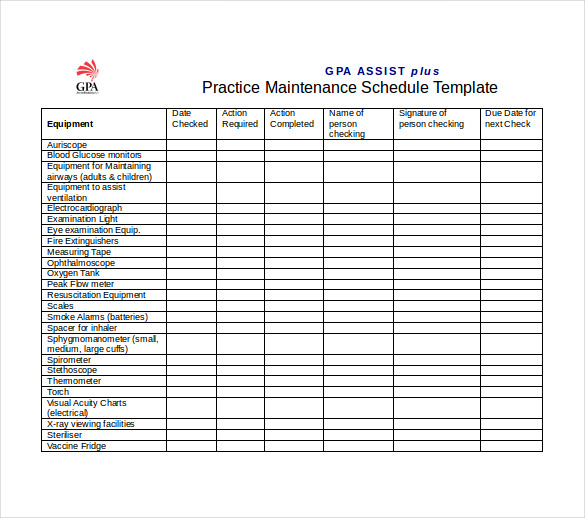 Plant Maintenance Schedule Template Excel Printable Receipt Template