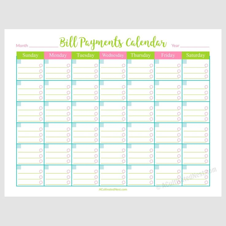 Printable Bill Payments Calendar A Cultivated Nest Bill Calendar 