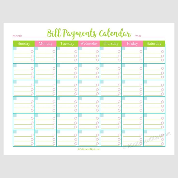 Printable Bill Payments Calendar A Cultivated Nest Bill Calendar