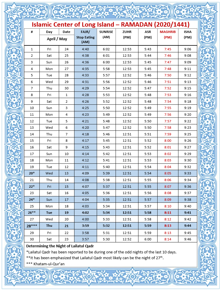 Ramadan Calendar Islamic Center Of Long Island