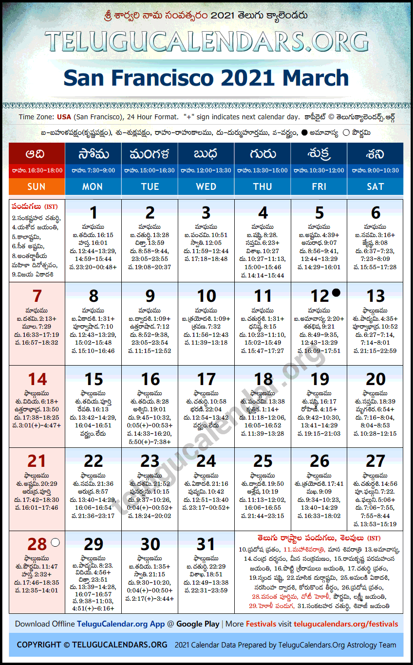 San Francisco Telugu Calendars 2021 March