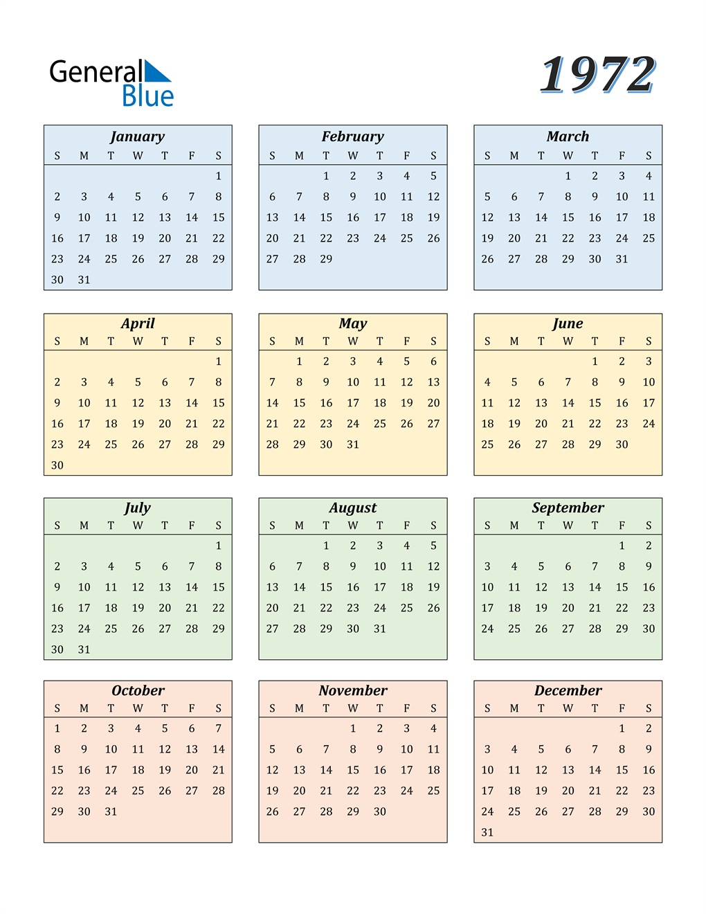 1972 Calendar PDF Word Excel
