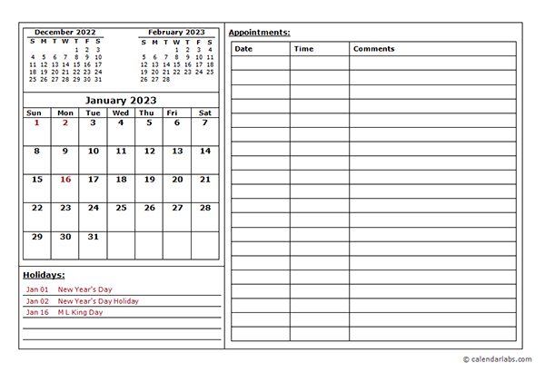 2023 Calendar Printable Free 2023 Monthly Appointment Calendar Portal 