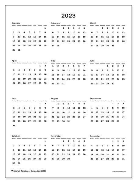 2023 Printable Calendar 33MS Michel Zbinden AU