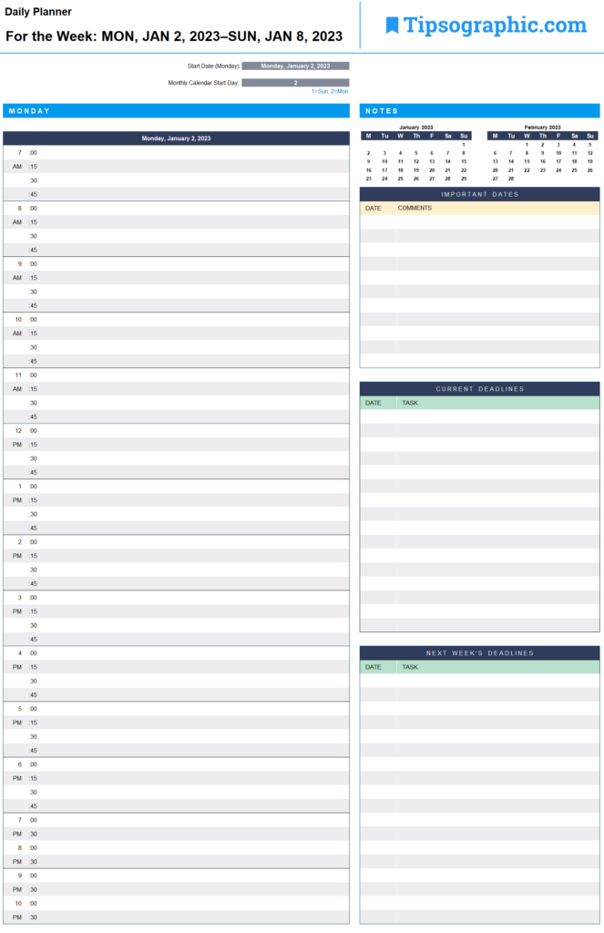 2023 Printable Daily Planner Excel Tipsographic