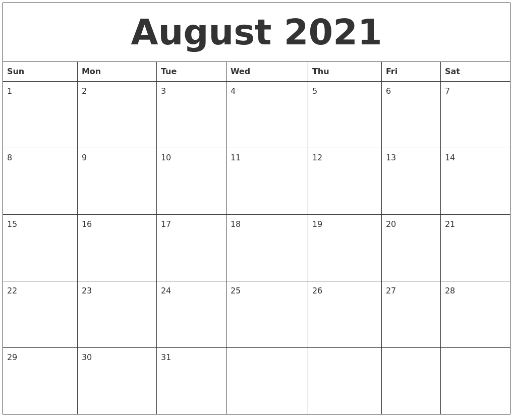 August 2021 Printable Daily Calendar
