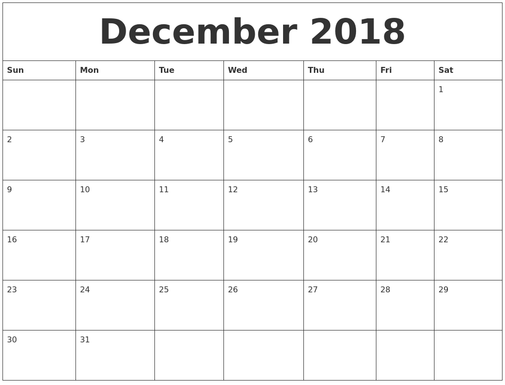 December 2018 Printable Daily Calendar
