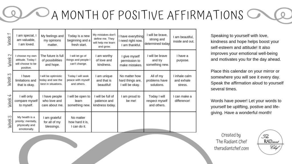 FREEBIE Positive Affirmations Monthly Calendar The Radiant Chef 