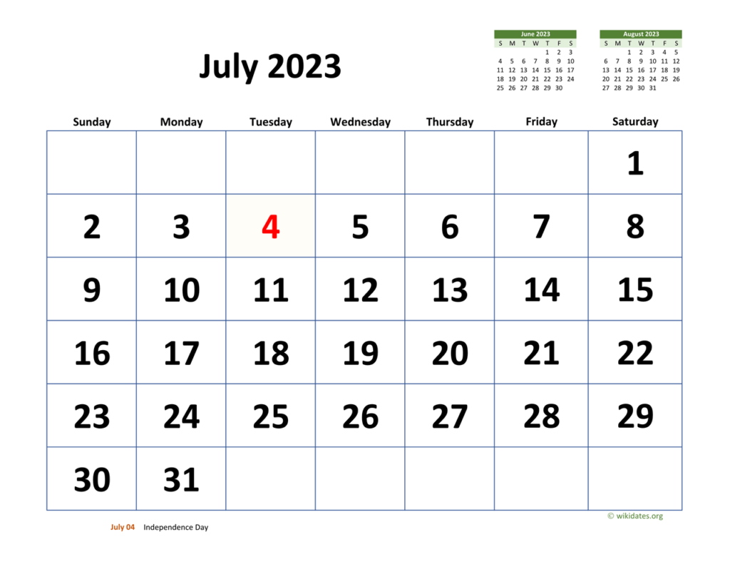 July 2023 Calendar With Extra large Dates WikiDates