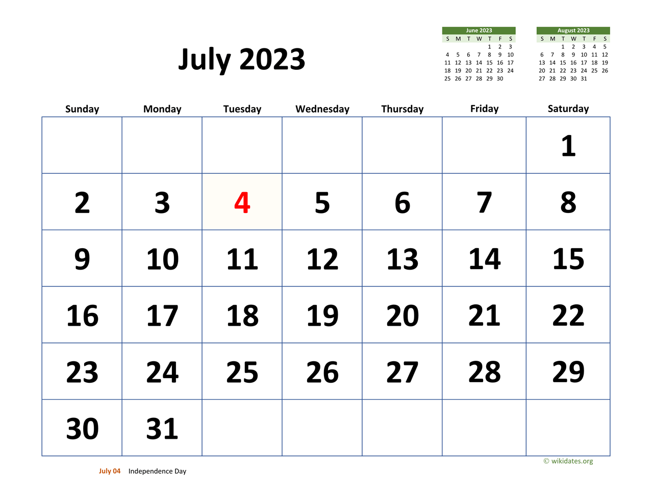 July 2023 Calendar With Extra large Dates WikiDates
