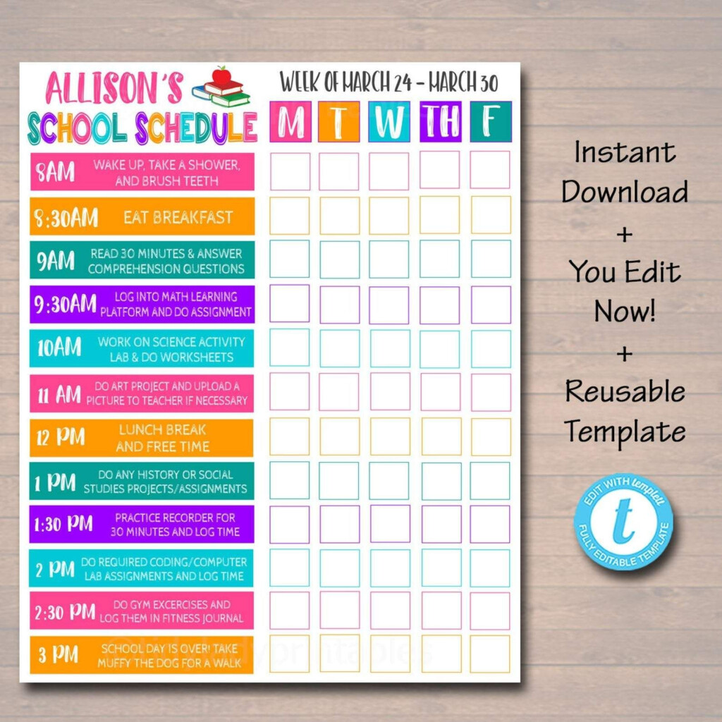 Kids Student Calendar Planner Printable Editable Template School 