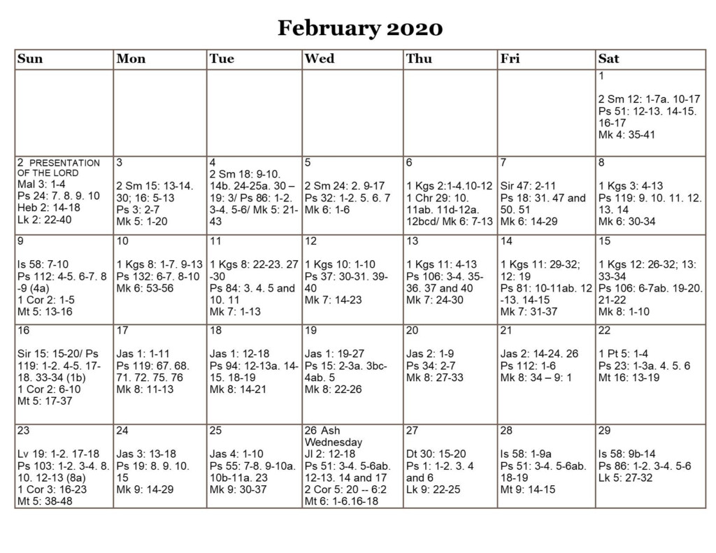 Monthly Calendar Of The Catholic Daily Mass Readings In 2020 Daily 