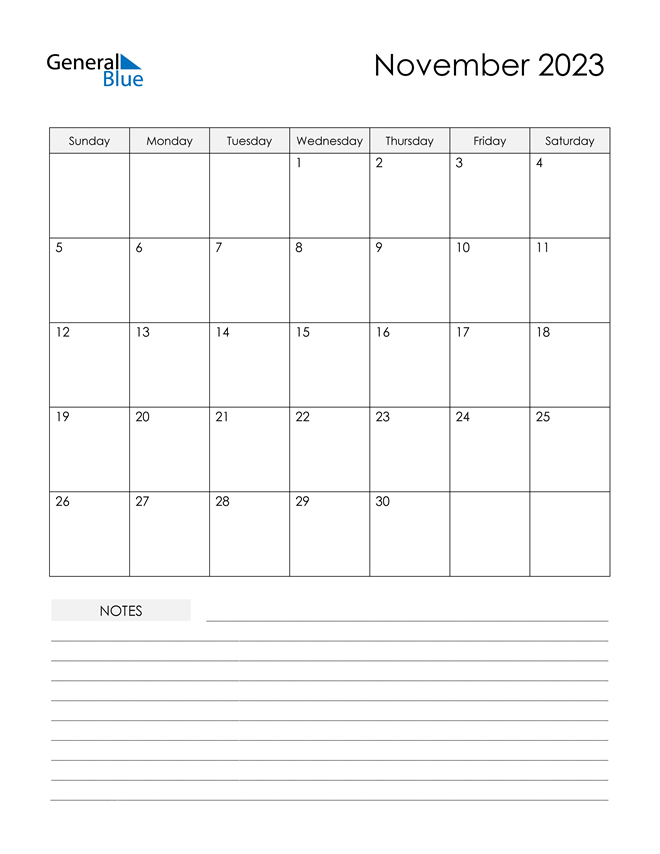 November 2023 Calendar PDF Word Excel