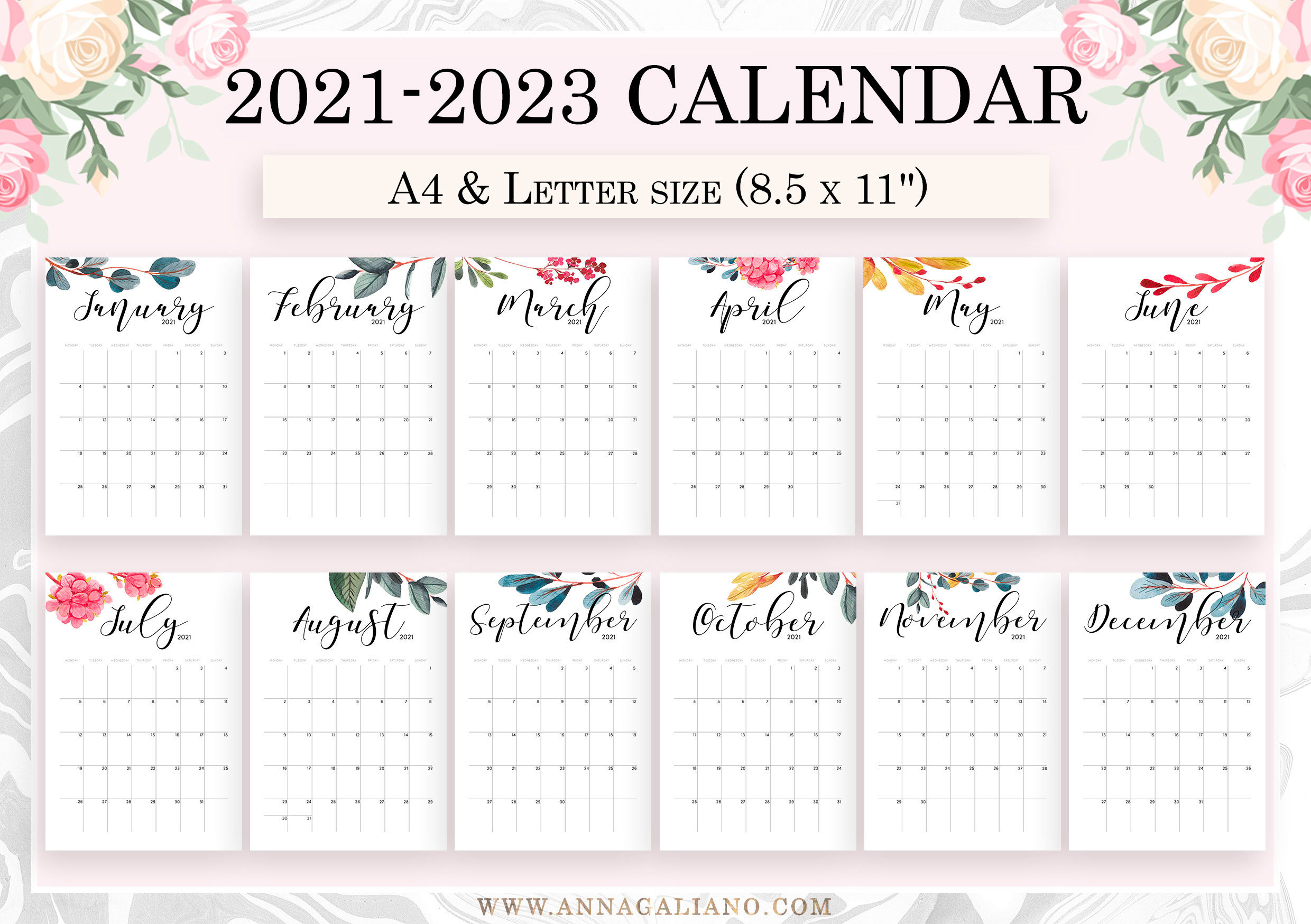 Wall Calendar 2021 2022 Monthly Calendar 2021 Printable A4 Pdf Images